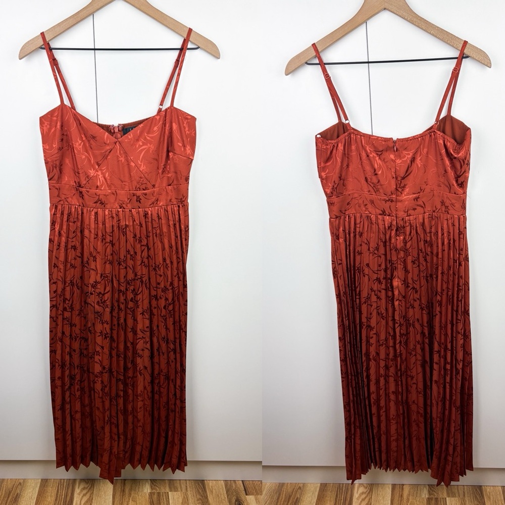 Lulus Regal Romance Rust Floral Jacquard Pleated Satin Midi Dress Medium Orange - Picture 2 of 7
